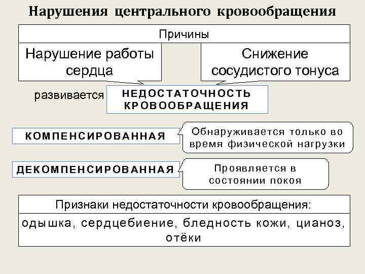 Нарушения центрального кровообращения Причины Нарушение работы сердца развивается Снижение сосудистого тонуса НЕДОСТАТОЧНОСТЬ КРОВООБРАЩЕНИЯ КОМПЕНСИРОВАННАЯ