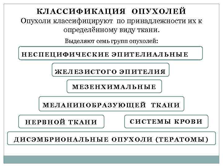 КЛАССИФИКАЦИЯ ОПУХОЛЕЙ Опухоли классифицируют по принадлежности их к определённому виду ткани. Выделяют семь групп