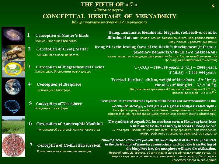THE FIFTH OF « 7 » 5 «Пятая семерка» CONCEPTUAL HERITAGE OF VERNADSKIY Концептуальное