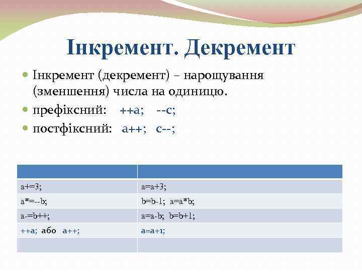 Інкремент. Декремент Інкремент (декремент) – нарощування (зменшення) числа на одиницю. префіксний: ++а; --с; постфіксний: