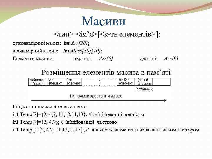 Масиви <тип> <ім’я>[<к-ть елементів>]; одновимірний масив: int Arr[20]; двовимірний масив: int Mass[10]; Елементи масиву:
