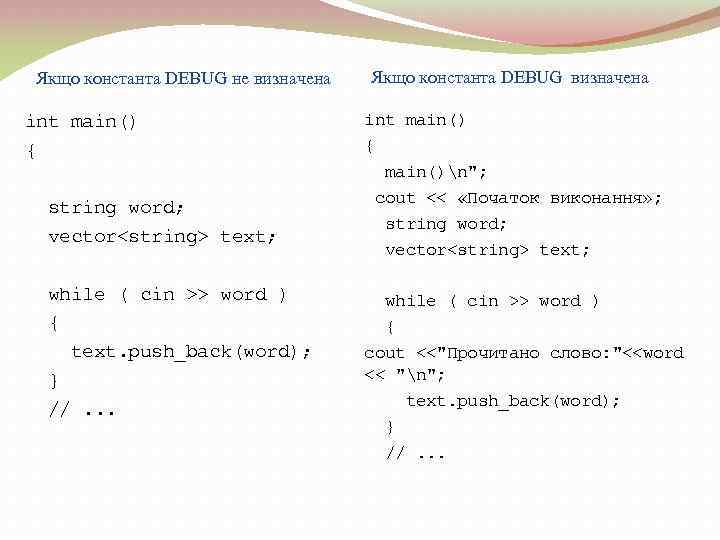 Якщо константа DEBUG не визначена int main() { string word; vector<string> text; while (