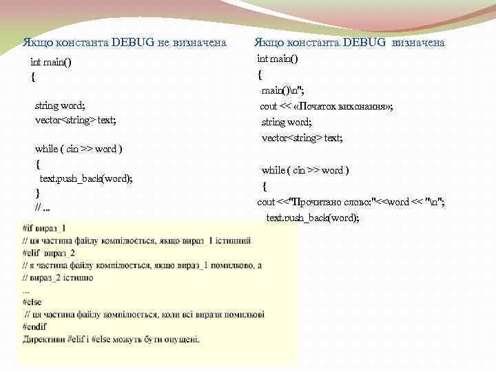 Якщо константа DEBUG не визначена int main() { string word; vector<string> text; while (