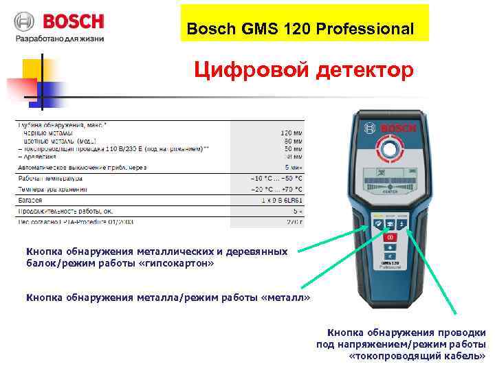 Bosch GMS 120 Professional Цифровой детектор Кнопка обнаружения металлических и деревянных балок/режим работы «гипсокартон»