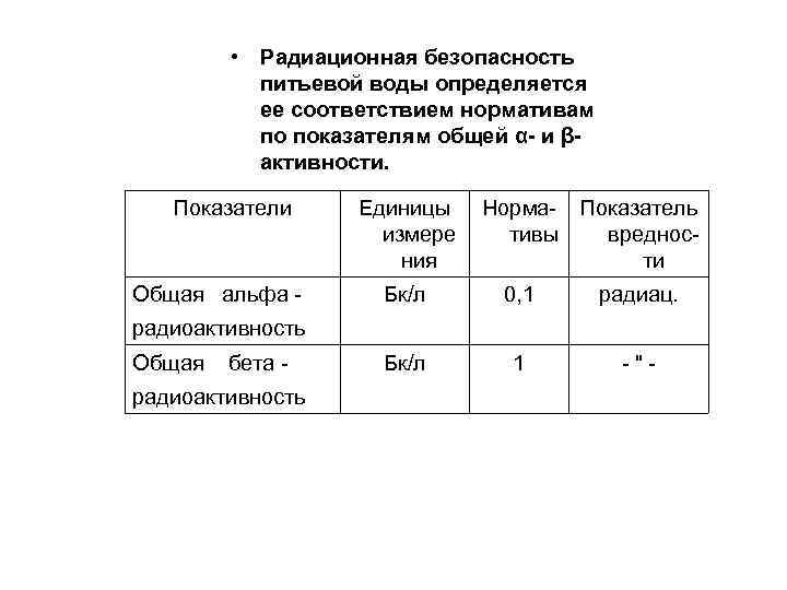  • Радиационная безопасность питьевой воды определяется ее соответствием нормативам по показателям общей α-