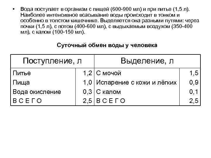  • Вода поступает в организм с пищей (600 -900 мл) и при питье