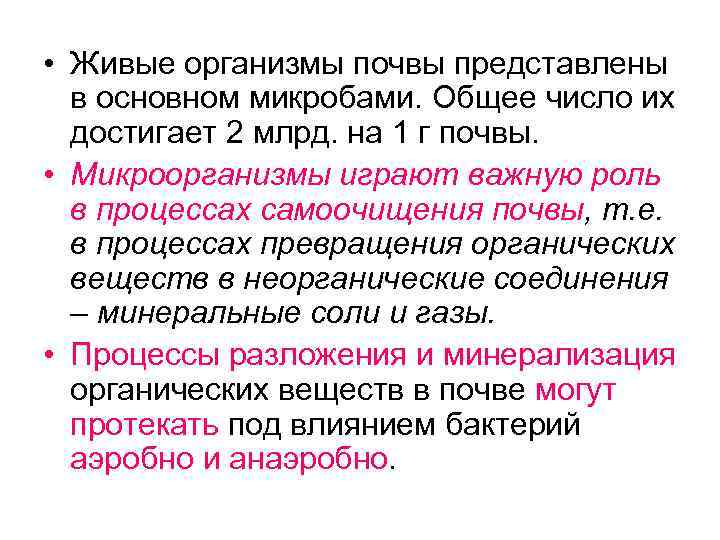  • Живые организмы почвы представлены в основном микробами. Общее число их достигает 2