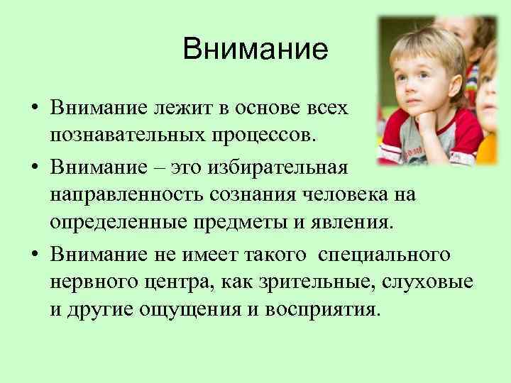 Внимание • Внимание лежит в основе всех познавательных процессов. • Внимание – это избирательная