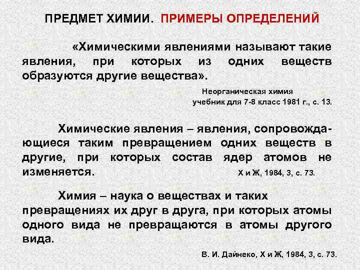 ПРЕДМЕТ ХИМИИ. ПРИМЕРЫ ОПРЕДЕЛЕНИЙ «Химическими явлениями называют такие явления, при которых из одних веществ