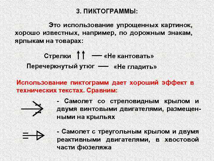 3. ПИКТОГРАММЫ: Это использование упрощенных картинок, хорошо известных, например, по дорожным знакам, ярлыкам на