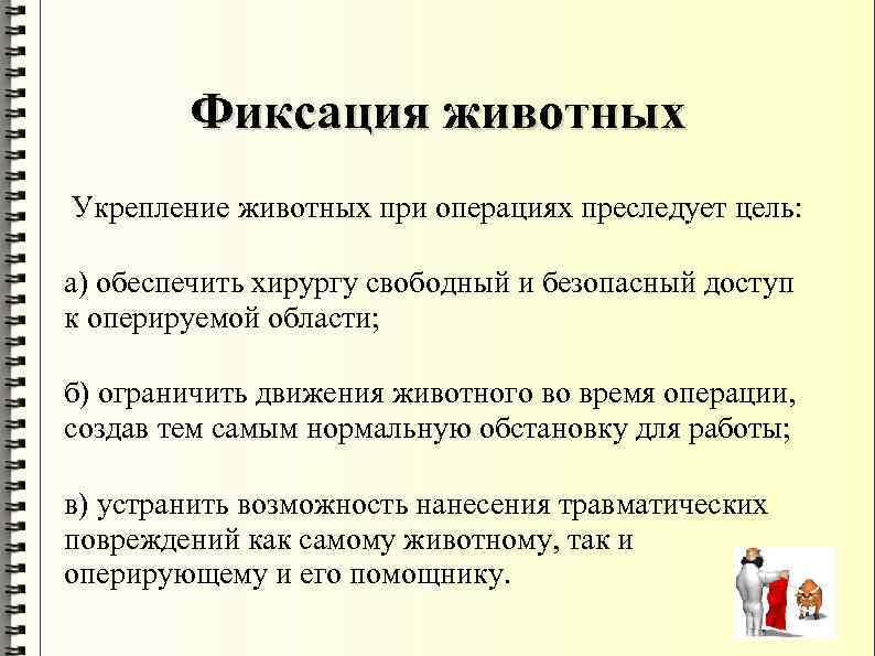 Фиксация животных Укрепление животных при операциях преследует цель: а) обеспечить хирургу свободный и безопасный