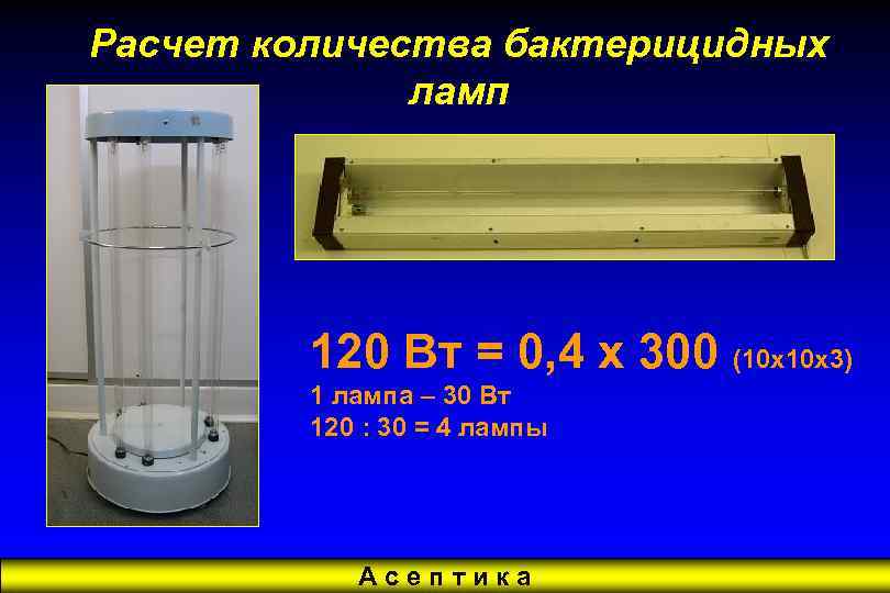 Расчет количества бактерицидных ламп 120 Вт = 0, 4 х 300 (10 х10 х3)