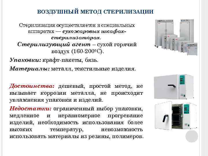 ВОЗДУШНЫЙ МЕТОД СТЕРИЛИЗАЦИИ Стерилизация осуществляется в специальных аппаратах — сухожаровых шкафахстерилизаторах. Стерилизующий агент –