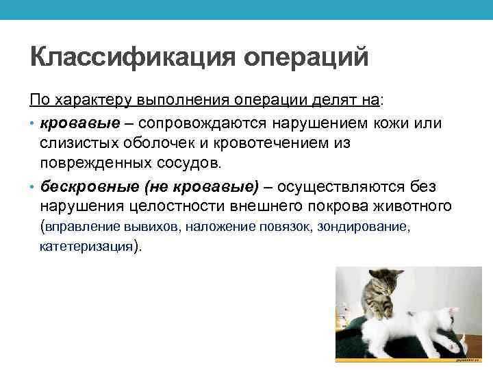 Классификация операций По характеру выполнения операции делят на: • кровавые – сопровождаются нарушением кожи