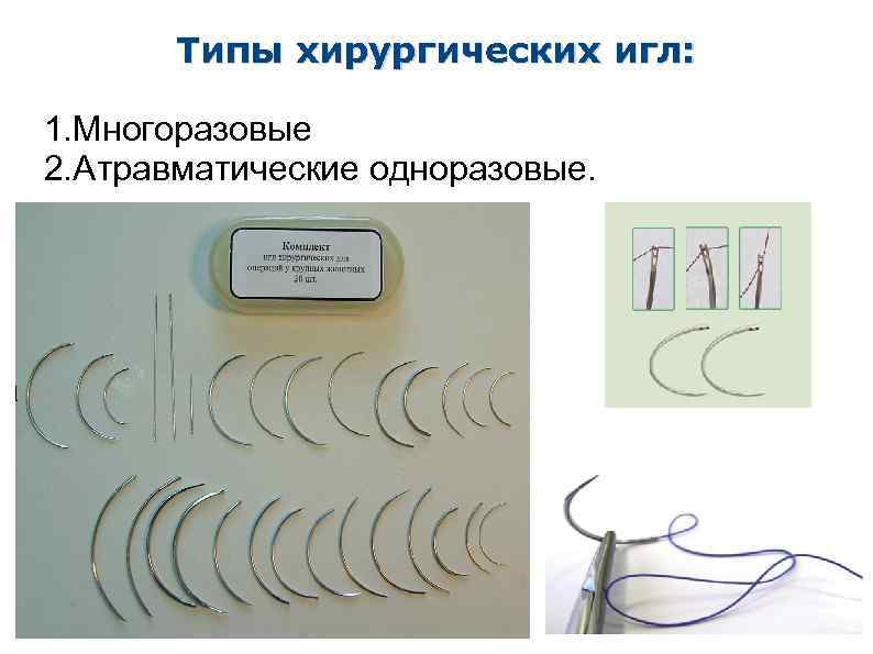 Типы хирургических игл: 1. Многоразовые 2. Атравматические одноразовые. 