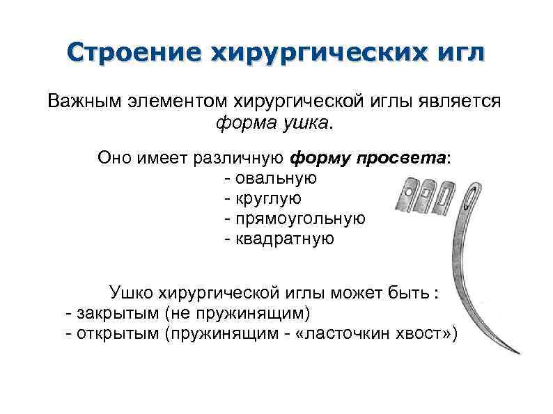 Строение хирургических игл Важным элементом хирургической иглы является форма ушка. Оно имеет различную форму