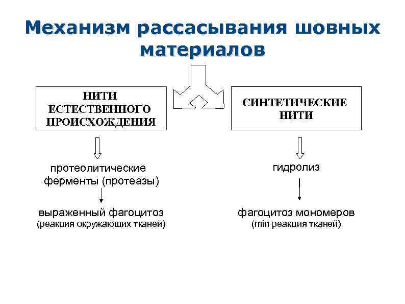 Механизм рассасывания шовных материалов НИТИ ЕСТЕСТВЕННОГО ПРОИСХОЖДЕНИЯ СИНТЕТИЧЕСКИЕ НИТИ протеолитические ферменты (протеазы) гидролиз выраженный
