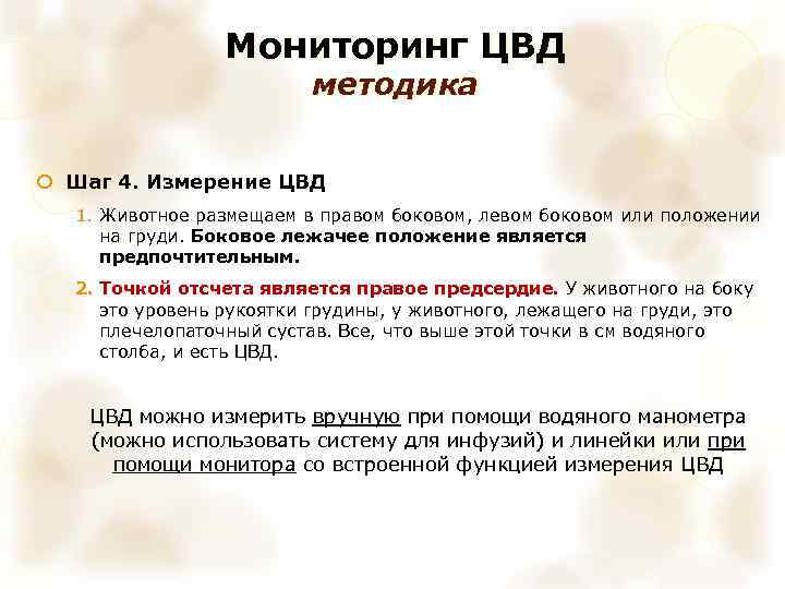 Мониторинг ЦВД методика Шаг 4. Измерение ЦВД 1. Животное размещаем в правом боковом, левом