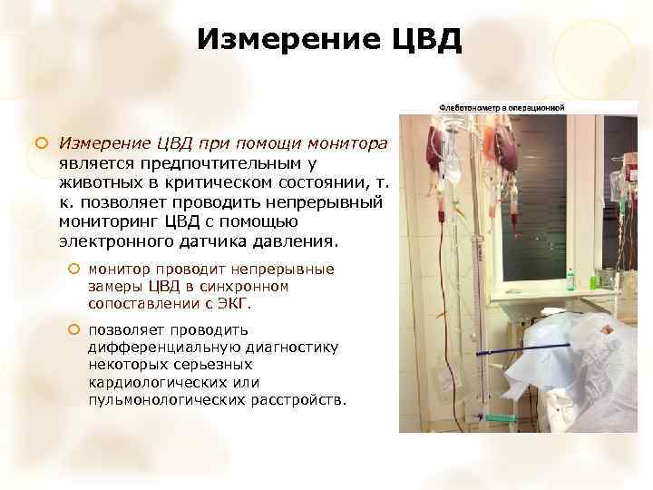 Измерение ЦВД при помощи монитора является предпочтительным у животных в критическом состоянии, т. к.