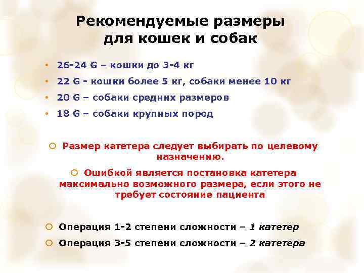 Рекомендуемые размеры для кошек и собак • 26 -24 G – кошки до 3