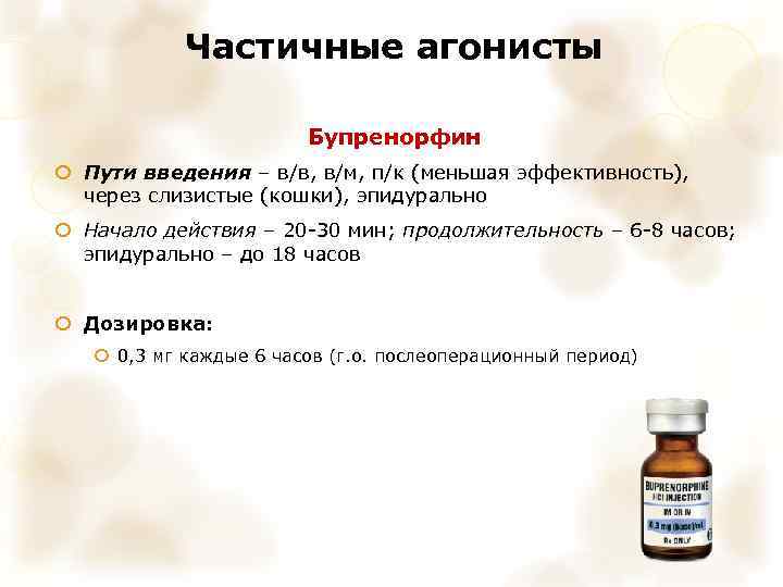 Частичные агонисты Бупренорфин Пути введения – в/в, в/м, п/к (меньшая эффективность), через слизистые (кошки),