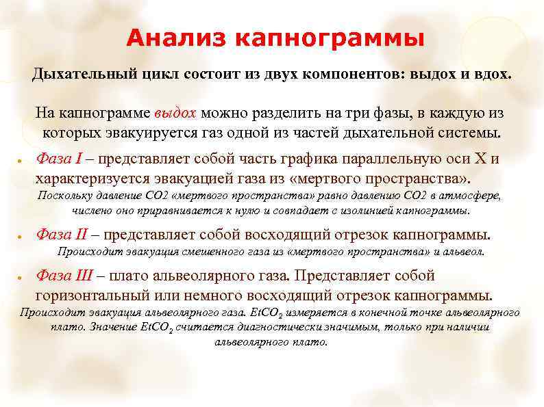 Анализ капнограммы Дыхательный цикл состоит из двух компонентов: выдох и вдох. На капнограмме выдох