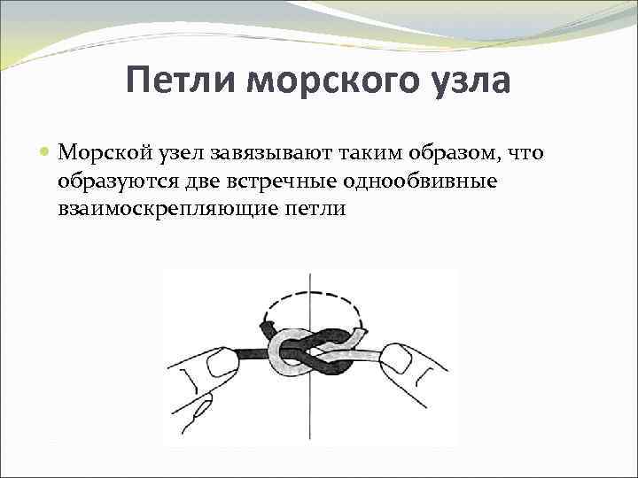 Петли морского узла Морской узел завязывают таким образом, что образуются две встречные однообвивные взаимоскрепляющие