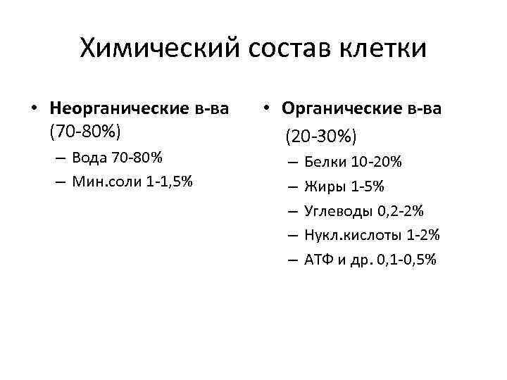 Химический состав клетки • Неорганические в-ва (70 -80%) – Вода 70 -80% – Мин.