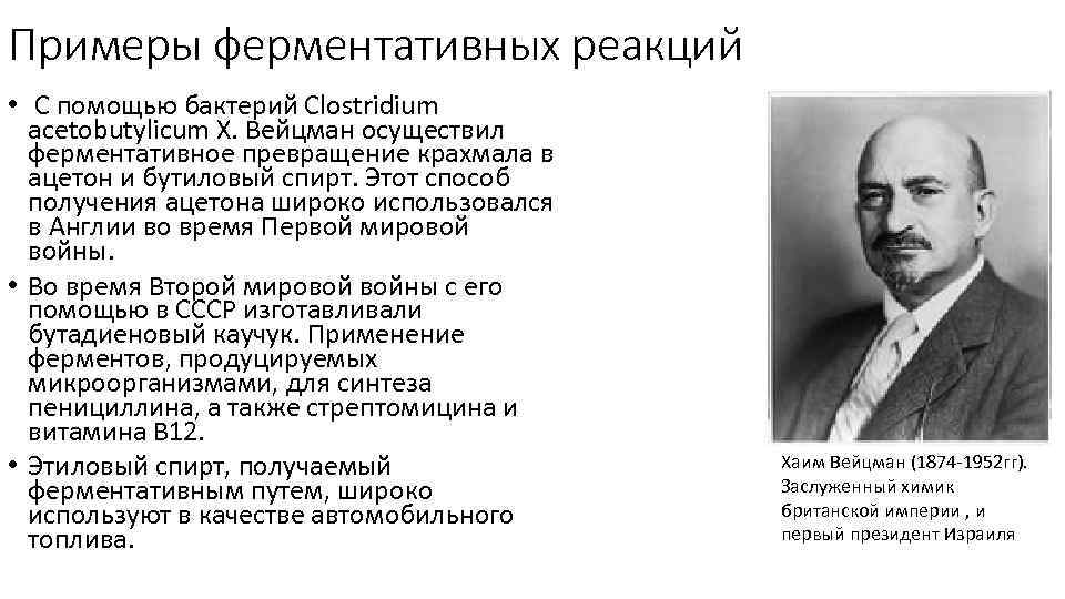 Примеры ферментативных реакций • С помощью бактерий Clostridium acetobutylicum Х. Вейцман осуществил ферментативное превращение