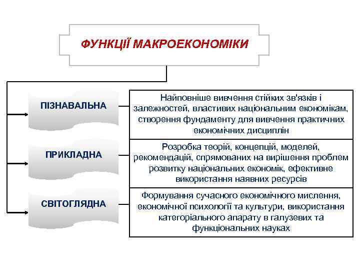 ФУНКЦІЇ МАКРОЕКОНОМІКИ ПІЗНАВАЛЬНА ПРИКЛАДНА СВІТОГЛЯДНА Найповніше вивчення стійких зв'язків і залежностей, властивих національним економікам,