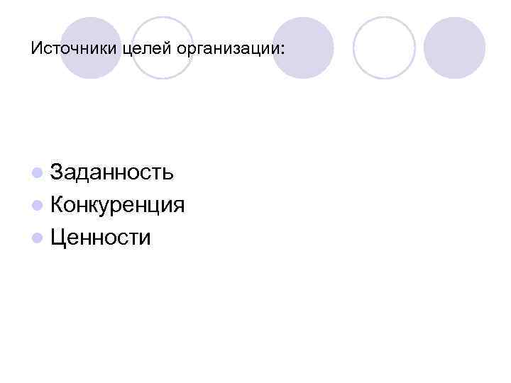 Источники целей организации: l Заданность l Конкуренция l Ценности 