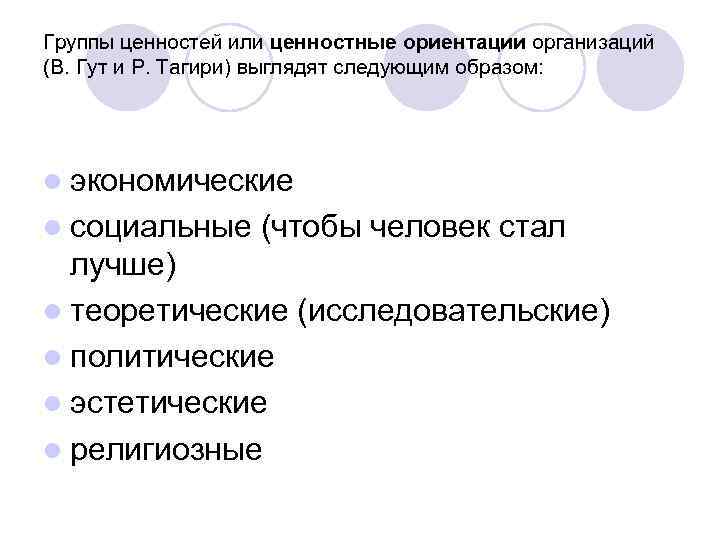 Группы ценностей или ценностные ориентации организаций (В. Гут и Р. Тагири) выглядят следующим образом: