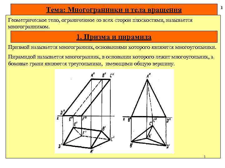 1 Тема: Многогранники и тела вращения Геометрическое тело, ограниченное со всех сторон плоскостями, называется