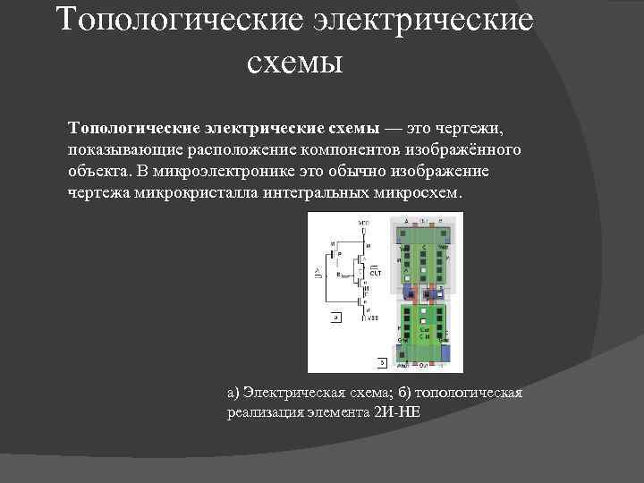 Топологические электрические схемы — это чертежи, показывающие расположение компонентов изображённого объекта. В микроэлектронике это