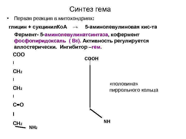 Синтез гема • Первая реакция в митохондриях: глицин + сукцинил. Ко. А → 5