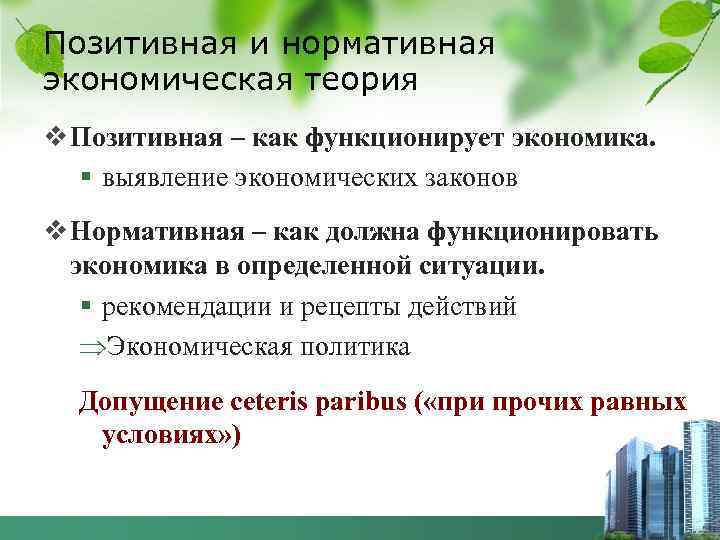Позитивная и нормативная экономическая теория v Позитивная – как функционирует экономика. § выявление экономических