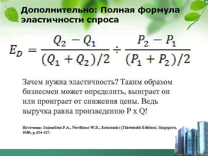 Дополнительно: Полная формула эластичности спроса Зачем нужна эластичность? Таким образом бизнесмен может определить, выиграет