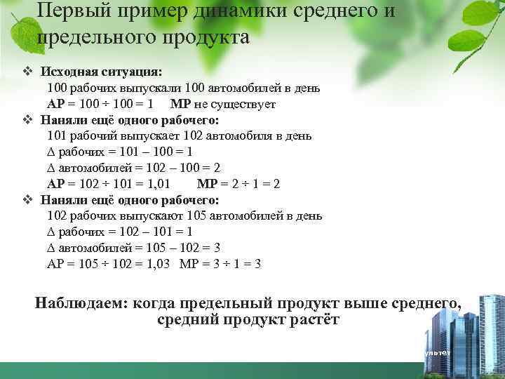 Первый пример динамики среднего и предельного продукта 12 v Исходная ситуация: 100 рабочих выпускали