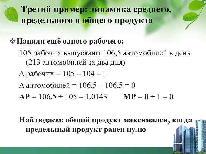 Третий пример: динамика среднего, предельного и общего продукта 15 v Наняли ещё одного рабочего: