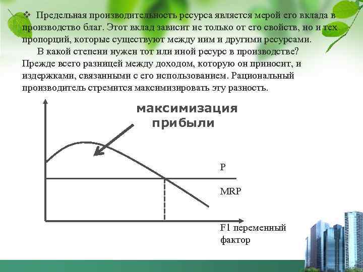 v Предельная производительность ресурса является мерой его вклада в производство благ. Этот вклад зависит