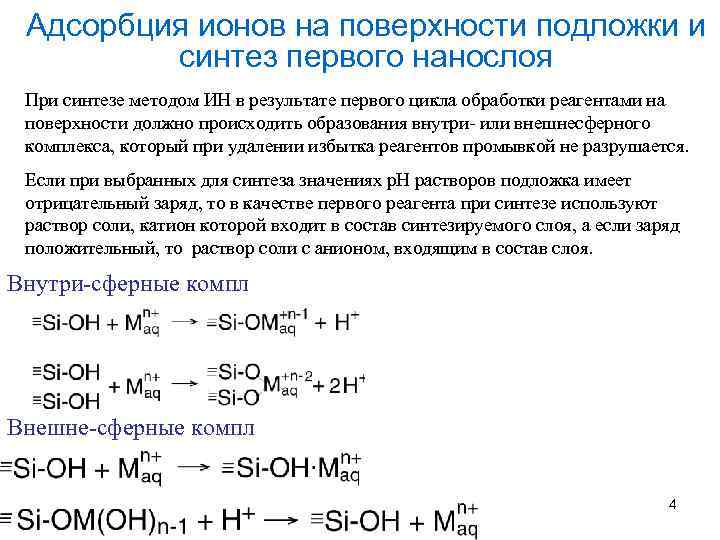 Адсорбция ионов на поверхности подложки и синтез первого нанослоя При синтезе методом ИН в