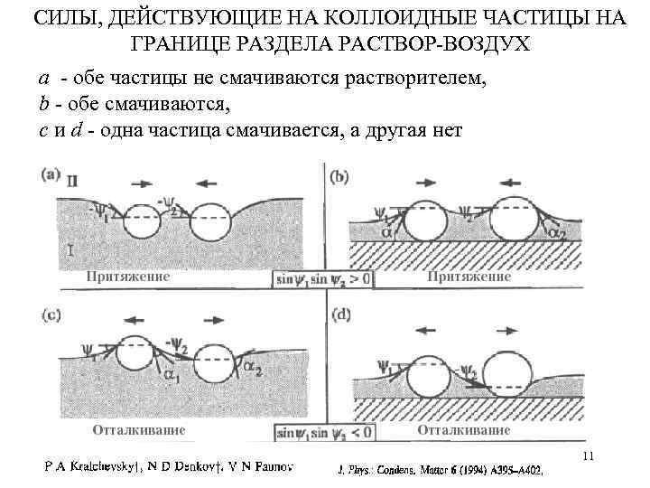 СИЛЫ, ДЕЙСТВУЮЩИЕ НА КОЛЛОИДНЫЕ ЧАСТИЦЫ НА ГРАНИЦЕ РАЗДЕЛА РАСТВОР-ВОЗДУХ а - обе частицы не