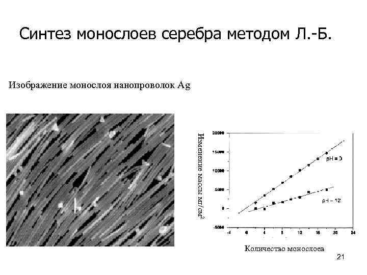 Синтез монослоев серебра методом Л. -Б. Изображение монослоя нанопроволок Ag Изменение массы мг/см 2