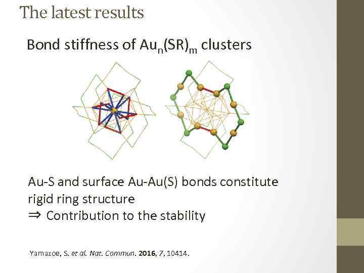 The latest results Bond stiffness of Aun(SR)m clusters Au-S and surface Au-Au(S) bonds constitute