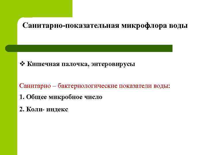 Санитарно-показательная микрофлора воды v Кишечная палочка, энтеровирусы Санитарно – бактериологические показатели воды: 1. Общее