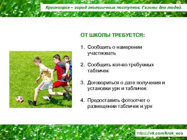 Красноярск – город экологичных поступков. Газоны для людей. ОТ ШКОЛЫ ТРЕБУЕТСЯ: 1. Сообщить о