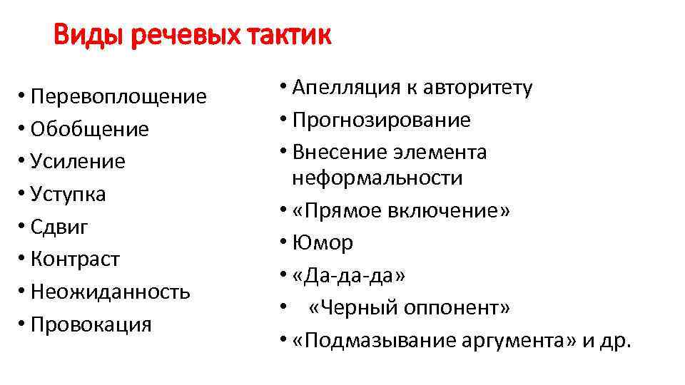 Виды речевых тактик • Перевоплощение • Обобщение • Усиление • Уступка • Сдвиг •