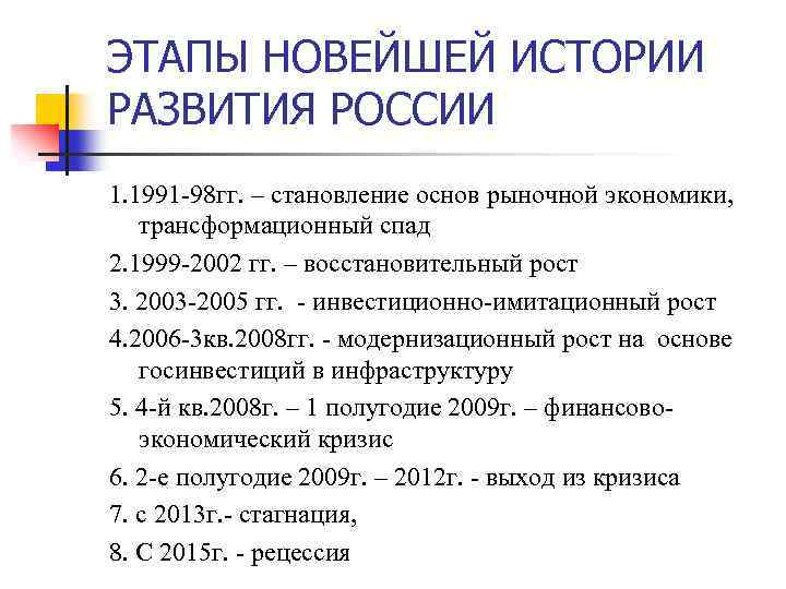 ЭТАПЫ НОВЕЙШЕЙ ИСТОРИИ РАЗВИТИЯ РОССИИ 1. 1991 -98 гг. – становление основ рыночной экономики,