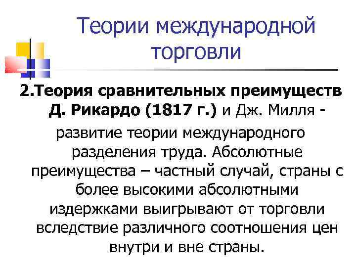 Теории международной торговли 2. Теория сравнительных преимуществ Д. Рикардо (1817 г. ) и Дж.