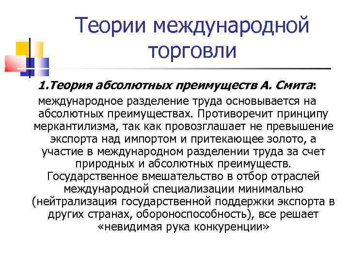 Теории международной торговли 1. Теория абсолютных преимуществ А. Смита: международное разделение труда основывается на